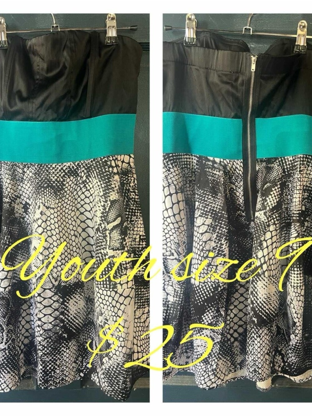 Black Strapless Dress with Teal Waistband and Snake Print Skirt